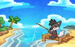 anthro black_hair bottomless bottomless_anthro bottomless_male chibi clothed clothing fishing fishing_rod fur grey_body grey_fur hair island male orange_eyes paws pier plantigrade shirt stripes tail topwear bagelcollie animal_crossing nintendo zgf_gaming razor_the_firedog canid canine elemental_creature elemental_humanoid firedog humanoid mammal 16:10 absurd_res hi_res widescreen