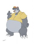 anthro bottomless bottomless_anthro bottomless_male claws clothed clothing fur hat headgear headwear jacket looking_aside looking_away male mouth_closed overweight overweight_anthro overweight_male paws simple_background slightly_chubby slightly_chubby_anthro slightly_chubby_male smile solo standing toe_claws topwear white_background canson disney talespin the_jungle_book baloo bear mammal sloth_bear ursine 2018 hi_res signature