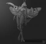 antennae_(anatomy) anthro breasts female grey_background looking_at_viewer membrane_(anatomy) membranous_wings non-mammal_breasts nude pose simple_background solo standing wings phinja arthropod flower_mantis insect mantis 2016 monochrome