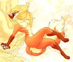 anthro blonde_hair blue_eyes breasts butt cheek_tuft claws exposed_breasts facial_tuft feathered_wings feathers featureless_breasts female fluffy fluffy_tail fur fur_markings hair inner_ear_fluff markings neck_tuft nude orange_body orange_fur pawpads paws pose side_view solo tail thick_thighs tuft tufted_ears tufted_fur white_body white_fur wide_hips wings james_andromeda canid canine fox mammal absurd_res digital_media_(artwork) hi_res pinup