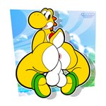 anthro anus backsack balls big_balls big_butt butt clothing footwear footwear_only genitals kneeling looking_back male mostly_nude open_mouth pink_anus raised_tail scales shoes shoes_only solo tail thick_thighs white_body white_scales wide_hipped_male wide_hips yellow_body yellow_scales veggieafterdark mario_bros nintendo super_mario_bros_wonder yoshi_(character) dinosaur prehistoric_species reptile scalie yellow_yoshi yoshi 1:1 absurd_res hi_res