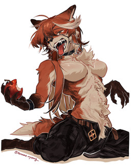 anthro apple bottomwear breasts clothed clothing eye_patch eyewear featureless_breasts female food fruit fur hair open_bottomwear open_clothing open_mouth open_pants orange_body orange_fur orange_hair pants plant simple_background solo teeth tongue tongue_out topless white_background noname_myeong jeanne_(noname_myeong) canid canine fox mammal absurd_res hi_res