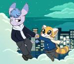 anthro building clothed clothing cloud duo eyelashes female fully_clothed half-closed_eyes hand_holding hand_in_pocket male narrowed_eyes night pockets sky smile star starry_sky moozua aggretsuko sanrio retsuko tadano_(aggretsuko) ailurid asinus donkey equid equine mammal red_panda 2019