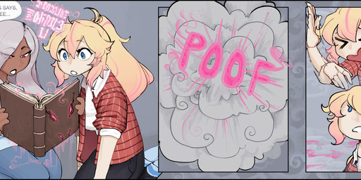 blonde_hair blue_eyes book bottomwear brown_body brown_skin clothing dark_body dark_skin denim denim_bottomwear denim_clothing dialogue duo female flannel footwear hair jeans not_furry pants poof_transformation red_eyes shirt shoes sneakers spellbook text topwear white_hair devianthorde human mammal comic english_text hi_res