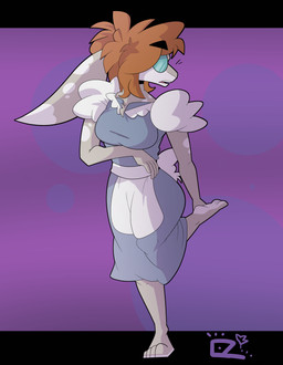 anthro big_breasts big_ear big_hair breasts clothed clothing cosplay dress eyebrows eyewear female glasses hair simple_background solo thick_eyebrows wearing_glasses maskofravens alice_in_wonderland hare lagomorph leporid mammal rabbit absurd_res hi_res