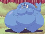 anthro belly big_belly big_breasts big_butt big_cheeks big_tail black_nose black_sclera blue_body blue_tail breasts butt butt_jiggle chubby_cheeks female forest huge_belly huge_breasts huge_butt huge_tail huge_thighs hyper hyper_belly hyper_breasts hyper_butt hyper_thighs jiggling morbidly_obese morbidly_obese_anthro morbidly_obese_female navel obese obese_anthro obese_female outside overweight overweight_anthro overweight_female plant shrub smile solo tail text text_box thick_tail thick_thighs tree white_eyes adansin nintendo pokemon mederith_(adansin) eeveelution generation_1_pokemon pokemon_(species) vaporeon 2024 animated cel_shading colored digital_media_(artwork) english_text shaded