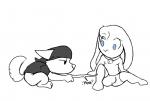 anthro barefoot bell bell_collar bottomless bottomwear bulge chibi clothed clothing collar crouching duo feet kerchief male poking shorts simple_background sitting sound_effects spread_legs spreading stare stick text topless white_background wide_eyed reo_grand canid canine canis lagomorph leporid mammal rabbit wolf english_text hi_res sketch