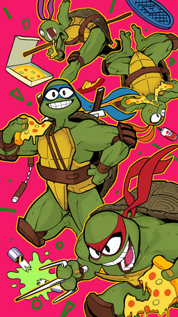 anthro barefoot eating eating_food feet food freckles green_body group holding_food holding_object holding_pizza looking_at_viewer male melee_weapon nunchaku open_mouth pink_background pizza simple_background smile sword weapon gashi-gashi teenage_mutant_ninja_turtles teenage_mutant_ninja_turtles_(1990) donatello_(tmnt) leonardo_(tmnt) michelangelo_(tmnt) raphael_(tmnt) reptile scalie turtle 2024 absurd_res digital_media_(artwork) hi_res