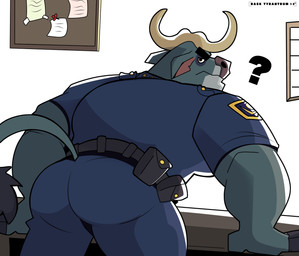 annoyed anthro back_muscles barazoku belt bent_over bent_over_desk biceps big_butt big_muscles black_belt black_clothing blue_bottomwear blue_clothing blue_pants blue_shirt blue_topwear bottomwear brown_eyes bulletin_board butt butt_focus clothing desk frown frowney_face frowning_at_viewer furniture furrowed_eyebrows grey_body grey_skin hooves horn looking_at_viewer looking_back looking_back_at_viewer low-angle_view male manly mature_anthro mature_male muscular muscular_anthro muscular_arms muscular_male muscular_thighs office pants police police_badge police_officer police_uniform presenting presenting_body presenting_hindquarters question_mark rear_view shirt showing_off_muscles solo table tail thick_arms thick_thighs topwear tough_guy uniform kraiton13 disney zootopia chief_bogo bovid bovine buffalo cape_buffalo mammal absurd_res hi_res