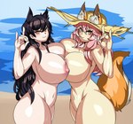 beach big_breasts black_hair breast_squish breast_to_breast breasts breasts_frottage clothed clothing devil_horns_(gesture) duo female female/female fox_shadow_puppet fur gesture hair hand_gesture huge_breasts inner_ear_fluff looking_at_viewer navel nipples nude orange_body orange_fur orange_tail outside pink_hair sand seaside squish tail tuft yellow_eyes captainkirb azur_lane fate_(series) type-moon atago_(azur_lane) caster_tamamo-no-mae lancer_tamamo-no-mae animal_humanoid canid canid_humanoid canine canine_humanoid dog_humanoid fox fox_humanoid humanoid mammal mammal_humanoid 2023 absurd_res crossover digital_media_(artwork) hi_res