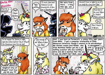 accessory anthro beverage_can black_nose blonde_hair bodily_fluids breasts cleavage clothed clothing dialogue dipstick_ears duo ear_markings ears_back female flower flower_in_hair fur hair hair_accessory horn multicolored_ears orange_body orange_fur orange_hair pivoted_ears plant sweat sweatdrop text unicorn_horn white_body white_fur style_wager dela_the_hooda mythology clepen_blossom dela_aldershaw canid canine equid equine fox hooda mammal mythological_creature mythological_equine unicorn 2001 comic english_text