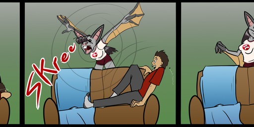 anthro blind dialogue disability duo echolocation female furniture humor male membrane_(anatomy) membranous_wings screaming simple_background sofa text wings j0shuamiller bat human mammal 2025 absurd_res comic english_text hi_res multiple_images