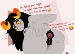 anal_hair anus big_pubes bodily_fluids body_hair butt butt_hair dialogue female genitals hairy hairy_pussy humiliation not_furry nude penis_humiliation presenting pubes pussy small_penis_humiliation sweat sweaty_butt text ohgnoll homestuck ms_paint_adventures aradia_megido alien troll_(homestuck) sph_(disambiguation) english_text