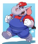 anthro belly blue_eyes blush clothing facial_hair gloves grey_body handwear hat headgear headwear male mustache one_eye_closed overalls overweight overweight_male solo tipping_hat trunk wink uwsponge mario_bros nintendo super_mario_bros_wonder elephant_mario mario elephant elephantid mammal proboscidean 2023 hi_res