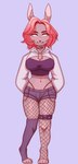 anthro bottomwear buckteeth clothed clothing crop_top female fishnet_clothing fishnet_legwear hair highlights_(coloring) legwear looking_at_viewer shirt shorts smile solo standing teeth topwear runelocks lagomorph leporid mammal rabbit hi_res