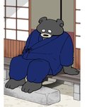 anthro black_body black_fur black_nose bottomwear clothing detailed_background fur kemono overweight overweight_anthro pants robe sitting solo yuumin148 bear black_bear mammal moon_bear ursine 2020 4:5 hi_res