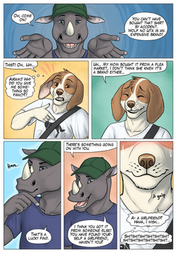 anthro blue_eyes blush blush_lines blushing_profusely brown_eyes close-up clothing dialogue dishonesty duo eyebrows fangs flustered fur furgonomic_hat furgonomic_headwear furgonomics gesture grey_body half_smile hand_gesture hat headgear headwear horn male messenger_bag nails narrowed_eyes nervous nervous_smile open_mouth palms palms_out pointing pointing_at_self profanity raised_eyebrow rubbing_chin shirt swallowing swallowing_sound_effect t-shirt tan_body tan_fur teasing teeth text thought_bubble topwear wavy_mouth gaikotsu ryan_(gaikotsu) tauski canid canine canis domestic_dog mammal rhinoceros white_rhinoceros comic english_text hi_res japanese_text