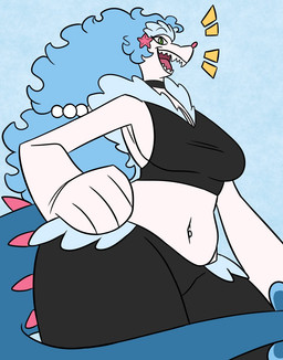 anthro anthrofied big_breasts black_clothing blue_body blue_fur blue_hair breasts choker clothing collar fangs female frill_(anatomy) fur green_eyes hair hand_on_hip jewelry looking_at_viewer low-angle_view necklace pearl_hair_ornament pink_nose pokemorph pose siren_(nerdyreindeer) solo tail teeth thick_tail thick_thighs white_body white_fur wide_hips nerdyreindeer nintendo pokemon generation_7_pokemon mammal marine pinniped pokemon_(species) primarina seal digital_drawing_(artwork) digital_media_(artwork) hi_res
