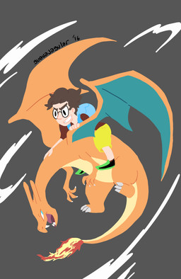 2_horns 3_fingers 3_toes 5_fingers anthro arms_bent backpack bent_leg black_clothing black_eyes black_footwear black_shoes blue_backpack blue_eyes blue_outline bottomwear brown_clothing brown_eyebrows brown_hair brown_shirt brown_t-shirt brown_topwear claws clothed clothed_human clothed_male clothing cosplay dot_eyes duo eyebrows fangs feet finger_claws fingers fire flaming_tail flying footwear fully_clothed fully_clothed_human fully_clothed_male furrowed_eyebrows green_wings grey_background hair hands_on_wings horn larger_anthro larger_male long_neck long_tail looking_at_another looking_back looking_back_at_another male male_human membrane_(anatomy) membranous_wings open_mouth open_smile orange_body orange_horn orange_outline orange_skin orange_tail outline pockets red_tongue riding shirt shoes short_hair shorts simple_background simple_eyes size_difference smaller_human smaller_male smile smiling_at_another t-shirt tail tan_body tan_skin teeth text toe_claws toes tongue toothy_grin topwear two_tone_tail white_claws wings yellow_bottomwear yellow_clothing yellow_shorts guavajagular banjo-kazooie nintendo pokemon rareware real_world banjo_(banjo-kazooie) michael_jones charizard generation_1_pokemon human mammal pokemon_(species) 2016 artist_name digital_drawing_(artwork) digital_media_(artwork) english_description flat_colors lineless