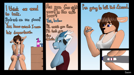 anthro bathroom blue_eyes cellphone electronics female male phone positive_pregnancy_test pregnancy_test pregnant text toilet worried snezka mythology lumi_the_lizard vera_(snezka) deer dragon mammal mythological_creature mythological_scalie scalie 16:9 comic english_text hi_res widescreen