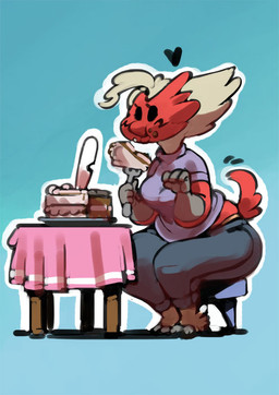 anthro anthrofied barefoot biped black_eyes blue_background bottomwear breasts cake claws clothed clothing cutlery dessert eating feathers feet female food fork furniture heart_symbol kitchen_utensils knife non-mammal_breasts pants pokemorph red_body red_feathers shirt simple_background solo table toe_claws tools topwear white_body white_claws white_feathers wide_hips bittenhard nintendo pokemon amber_(bittenhard) avian bird blaziken generation_3_pokemon pokemon_(species) 2016