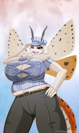 anthro bedroom_eyes belly big_breasts breasts camel_toe cleavage clothed clothing female hand_on_hip low-angle_view mature_female narrowed_eyes open_mouth seductive slightly_chubby smile solo standing tail shamziwhite fan_character arthropod insect lepidopteran moth 3:5 hi_res