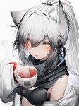 beverage black_hair blep blush breasts clothed clothing container cup female female_humanoid fluffy fluffy_ears fluffy_tail fur grey_body grey_fur grey_hair hair holding_object inner_ear_fluff looking_at_viewer multicolored_hair ponytail scarf solo steam tail tea tea_cup text tongue tongue_out tuft white_body white_fur white_hair yellow_eyes tabhead arknights hypergryph studio_montagne schwarz_(arknights) animal_humanoid cat_humanoid felid felid_humanoid feline feline_humanoid humanoid mammal mammal_humanoid 2022 absurd_res digital_media_(artwork) hi_res japanese_text translated