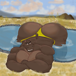 anthro big_butt big_muscles big_pecs body_hair butt chest_hair clothed clothing crossed_arms eyebrows male mature_anthro mature_male muscular muscular_anthro muscular_arms muscular_male partially_submerged pecs small_ears small_tail smile solo tail thong thong_only topless underwear underwear_only unibrow yellow_clothing yellow_thong yellow_underwear mezmerordinary dreamworks madagascar_(series) moto_moto common_hippopotamus hippopotamid mammal 1:1 2026 digital_drawing_(artwork) digital_media_(artwork) english_description hi_res