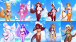 anthro beach big_breasts bikini blonde_hair blowing_kiss blue_bikini blue_clothing blue_eyes blue_swimwear breasts brown_body brown_fur brown_hair clothing cloud countershade_face countershade_fur countershade_tail countershade_torso countershading dipstick_tail female floppy_ears fluffy fluffy_tail fur green_bikini green_clothing green_eyes green_swimwear hair hairless_tail hand_on_hip hands_behind_head horn inner_ear_fluff long_hair markings one_eye_closed open_mouth open_smile orange_body orange_fur pink_bikini pink_body pink_clothing pink_fur pink_hair pink_swimwear ponytail prick_ears pupils purple_bikini purple_body purple_clothing purple_fur purple_hair purple_swimwear red_bikini red_body red_clothing red_scales red_swimwear round_ears scales short_hair sky slit_pupils smile swimwear tail tail_markings tuft two-piece_swimsuit white_bikini white_body white_clothing white_fur white_hair white_swimwear yellow_bikini yellow_body yellow_clothing yellow_eyes yellow_fur yellow_sclera yellow_swimwear duderedblue mythology canid canine canis collie domestic_dog dragon felid fox herding_dog mammal mouse murid murine mustelid mythological_creature mythological_scalie otter pantherine pastoral_dog rodent scalie sheepdog tiger 16:9 digital_media_(artwork) hi_res multiple_images portrait shaded soft_shading three-quarter_portrait widescreen