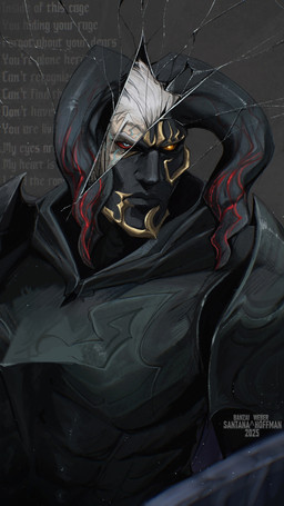 armor black_armor black_body black_horn black_skin blue_eyes brown_sclera clothed clothing grey_background hair heterochromia horn male male_humanoid orange_eyes pale_skin red_sclera simple_background white_hair santanahoffman humanoid 2025 dated half-length_portrait hi_res portrait