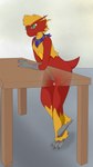 anthro bodily_fluids desk eyewear foreskin furniture genitals glasses green_eyes inside male neckwear omorashi penis solo table kaiberu nintendo pokemon ember_(blazikem) blaziken generation_3_pokemon pokemon_(species) 9:16 hi_res