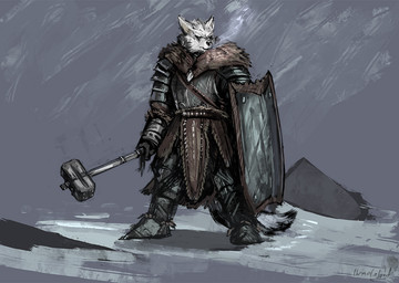 clothed clothing hammer holding_object holding_weapon shield solo tools weapon themefinland canid canine mammal 2019 digital_media_(artwork)