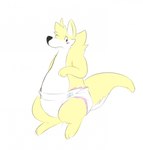 anthro blush clean_diaper clothed clothing diaper embarrassed frown fur male paws semi-anthro shy simple_background solo standing tail wearing_diaper white_background white_body white_fur yellow_body yellow_fur fang29 fang29_(character) canid canine canis domestic_dog hybrid kangaroo macropod mammal marsupial 2014 hi_res