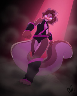 anthro boots breasts brown_body brown_fur brown_hair clothed clothed_anthro clothed_female clothing female fluffy fluffy_tail footwear fur glowing glowing_eyes hair leotard looking_at_viewer multicolored_clothing multicolored_leotard pink_eyes shoes solo tail toeless_boots toeless_footwear two_tone_clothing two_tone_leotard bmbrice jenny_(ashkelling) mammal rodent sciurid tree_squirrel 2026 hi_res