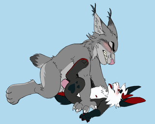 4_fingers 4_toes ambiguous_gender anal anal_penetration anthro balls black_body blush blush_lines cheek_tuft chest_tuft duo ear_tuft eyes_closed facial_tuft fangs feet fingers genitals grey_body head_tuft heart_(marking) male male/male male_anthro markings nipples penetration penis red_body red_eyes red_inner_ear scut_tail sex sharp_teeth short_tail size_difference tail teeth toes tuft white_body helenajackalope disney zootopia pawbert_lynxley felid feline lagomorph leporid lynx mammal rabbit hi_res