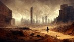 ambiguous_gender anthro atmospheric bleak_ambiance building cliffs clothing cloud cowl desert digitigrade fog landscape paintover pickaxe post-apocalyptic robe ruins sand smoke solo wasteland ai_assisted ai_generated_background josiedink siara canid canine canis mammal wolf 7:4 hi_res