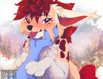 ambiguous_feral ambiguous_gender anthro big_ears blep blue_body blue_fur blush claws day duo ear_tuft eye_contact fangs feral first_person_view fur hair happy holding_chin looking_at_another looking_at_viewer markings multicolored_body multicolored_fur nature open_mouth outside paws pink_eyes plant red_hair red_spots sky smile spots spotted_body spotted_fur teeth tongue tongue_out tree tuft white_body white_fur shyryp canid canine mammal digital_media_(artwork) hi_res signature
