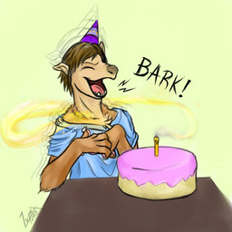 barking blue_clothing blue_shirt blue_topwear brown_body brown_fur brown_hair cake candle clothing dessert eyes_closed food fur furniture hair hat headgear headwear magic male party_hat shirt shrinking simple_background size_transformation solo table topwear transformation transformation_through_magic lupex canid canine canis domestic_dog humanoid mammal