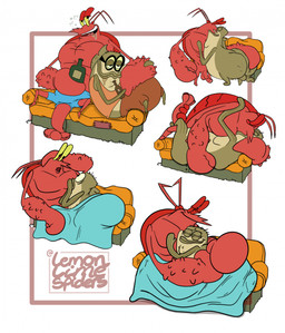 black_eyewear black_glasses blue_bottomwear blue_clothing blue_shorts bottomwear brown_body brown_bottomwear brown_clothing brown_pants brown_shirt brown_skin brown_topwear clothing cuddling drunk duo eyestalks eyewear french_kissing from_front_position furniture genitals girthy glasses hug hugging_partner kissing lying male male/male missionary_position nude_anthro nude_male on_back on_model_audio orange_sofa pants penis pointy_nose red_body red_scales red_skin scales sex shirt shorts simple_background sleeveless_shirt sofa sofa_sex substance_intoxication text topwear white_background granny_fricker nickelodeon spongebob_squarepants bubble_bass larry_the_lobster arthropod bass_(fish) crustacean decapod fish lobster malacostracan marine 2025 english_description english_text hi_res signature