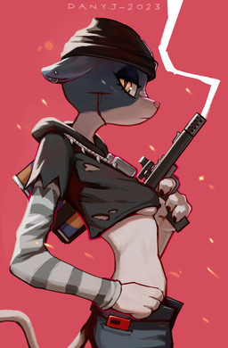 anthro breasts clothed clothing female gun handgun pistol ranged_weapon side_boob solo tail weapon dany-j epic_games fortnite meow_skulls domestic_cat felid feline felis mammal 2023 absurd_res hi_res