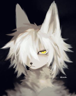 anthro black_background detailed_fur fur hair looking_at_viewer mouth_closed one_eye_obstructed pointy_ears serious serious_face simple_background solo white_body white_fur white_hair yellow_eyes sue36v canid mammal bust_portrait detailed digital_media_(artwork) hi_res portrait signature
