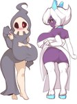 2019 armwear big_breasts blue_eyes blush breasts butt clothed clothing duo duskull female footwear froslass generation_3_pokemon generation_4_pokemon genitals hair hi_res huge_breasts humanoid leggings legwear looking_at_viewer looking_back nintendo not_furry plantpenetrator pokemon pokemon_(species) purple_body pussy red_eyes robe sandals thick_thighs white_body white_hair