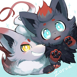 3_toes ambiguous_feral ambiguous_gender black_body black_fur blue_eyes blush cute_fangs duo fangs feet feral fluffy fur grey_body grey_fur grin grinning_at_viewer looking_at_viewer open_mouth paws pink_body pink_fur red_body red_fur smile smiling_at_viewer smug teeth toes tongue white_body white_fur yellow_eyes o_hitu_g nintendo pokemon generation_5_pokemon generation_8_pokemon hisuian_form hisuian_zorua pokemon_(species) regional_form_(pokemon) zorua 1:1 2025 digital_media_(artwork) hi_res