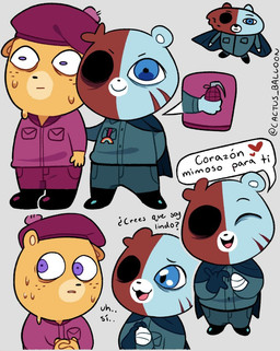 anthro biped blue_body blue_eyes bodily_fluids bottomwear chibi clothing duo explosives grenade hat headgear headwear heart_symbol nervous pants purple_eyes shirt sweat text topwear weapon cactus_balloon unicorn_wars azulin_(unicorn_wars) cabo_pompon_(unicorn_wars) bear mammal 2023 spanish_text