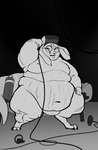 anthro belly belly_rolls bodily_fluids chubby_cheeks claws double_chin eyewear eyewear_only fat_rolls fupa fur furniture glasses glasses_only hand_on_leg hand_on_thigh inside leg_rolls love_handles male moobs navel nipples nude obese obese_anthro obese_male open_mouth overweight overweight_anthro overweight_male oxygen_tank sitting solo stretch_marks sweat sweatdrop tail thick_tail thick_thighs toe_claws vr_headset wearing_glasses wide_hips wire jirobas kangaroo macropod mammal marsupial greyscale hi_res monochrome