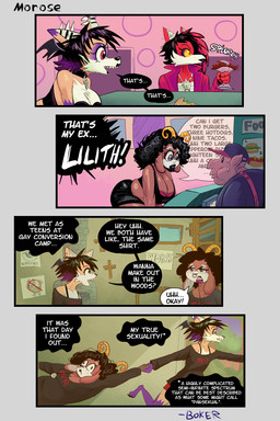 anarchy_symbol anthro big_breasts black_hair black_speech_bubble breasts brown_body brown_fur cheek_tuft chest_wraps christian_cross christian_symbol cleavage clothed clothing coat cross crucifix curly_hair dialogue dragging_another ear_piercing exposition eyeshadow facial_piercing facial_tuft fast_food fast_food_employee fast_food_uniform female female/female flashback floppy_ears food food_court fur grey_eyes group hair hand_holding highlights_(coloring) horn huge_breasts industrial_piercing industrial_piercing_ladder jewelry makeup male multicolored_hair necklace nose_piercing nose_ring orange_body orange_fur ordering_food piercing pink_highlights purple_eyeshadow purple_hair purple_sclera red_body red_eyes red_fur red_trenchcoat religion religious_symbol ring_piercing speech_bubble squeezing stated_pansexuality stated_sexuality text thick_thighs topwear trenchcoat tuft two_tone_hair white_body white_fur wraps yellow_eyes boker christianity my_chemical_romance laura_derose lilith_(boker) val_(boker) bat-eared_fox bovid canid canine canis caprine domestic_pig fox goat mammal red_wolf suid suine sus_(pig) wolf 2:3 artist_name comic english_text