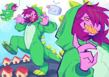 4_fingers anthro clothed clothing eyebrows female fingers fully_clothed green_onesie hair long_hair onesie open_mouth open_smile purple_hair sharp_teeth smile solo teeth text tongue twitter_handle yellow_sclera zipper catosauruus deltarune undertale_(series) susie_(deltarune) dinosaur prehistoric_species reptile scalie 2025 absurd_res artist_name guide_lines hi_res