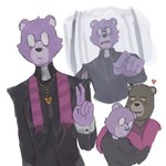 anthro black_nose blush brown_body duo eyewear glasses hug humanoid_hands male priest purple_body dolcibaldo unicorn_wars padre_(unicorn_wars) sargento_caricias bear mammal 1:1 2023 hi_res