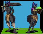 absurd_res alpha_channel anthro blue_hair blue_tattoo bottomwear bracelet canid canine canis clothing duo fantasy female fighting_pose greatsword hair hi_res ika_ironfang_(ikablueeyes) inakii_ironfang_(ikablueeyes) jewelry loincloth magic magic_book male mammal masterzoroark666 pose purple_tattoo tattoo telegram tribal tribal_tattoo wolf zanbato