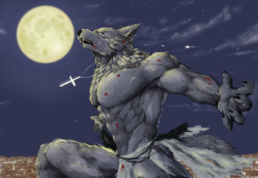 abs anthro biceps big_muscles biped black_nose blood bodily_fluids bottomwear claws clothed clothing cloud cross cross_necklace fangs full_moon fur grey_body grey_fur howl jewelry loincloth male moon muscular muscular_anthro muscular_male necklace night no_pupils open_mouth outside pecs pose sharp_teeth side_view solo standing star tears teeth topless vein walking yellow_eyes ko-shu mythology canid canine mammal mythological_canine mythological_creature werecanid werecanine werecreature werewolf digital_media_(artwork)